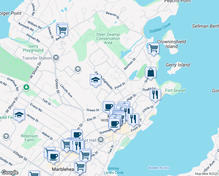 map of restaurants, bars, coffee shops, grocery stores, and more near 2 Peach Highlands in Marblehead