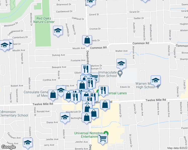 map of restaurants, bars, coffee shops, grocery stores, and more near 227727 Dequindre Road in Madison Heights
