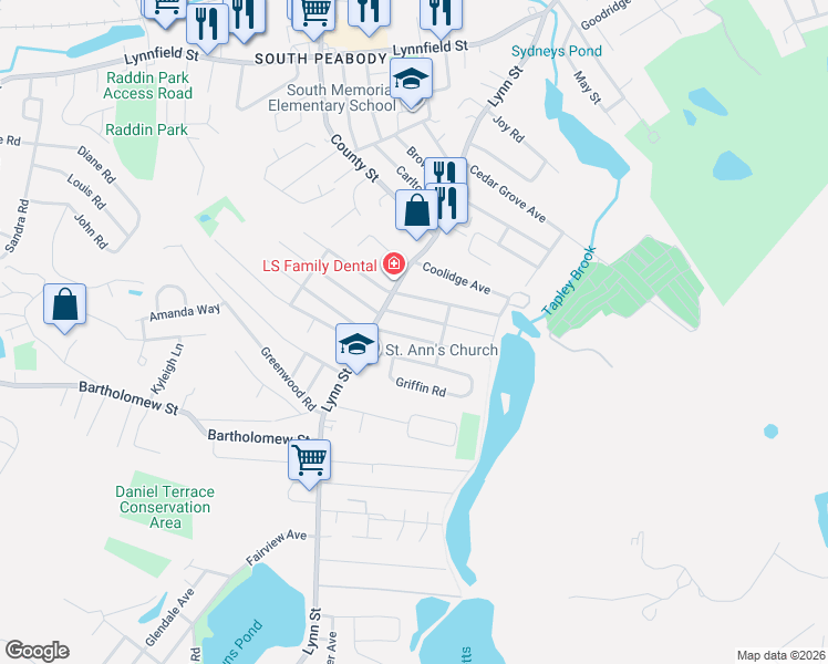 map of restaurants, bars, coffee shops, grocery stores, and more near 13 Rockdale Avenue in Peabody