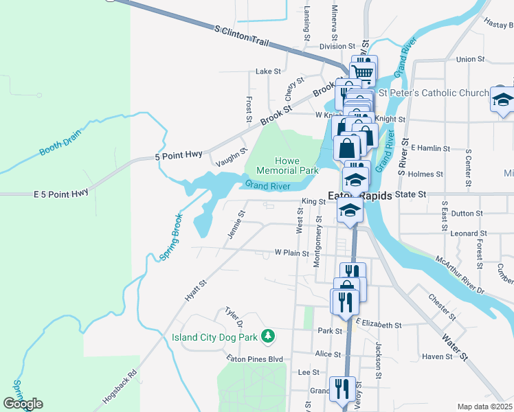 map of restaurants, bars, coffee shops, grocery stores, and more near 501 King Street in Eaton Rapids