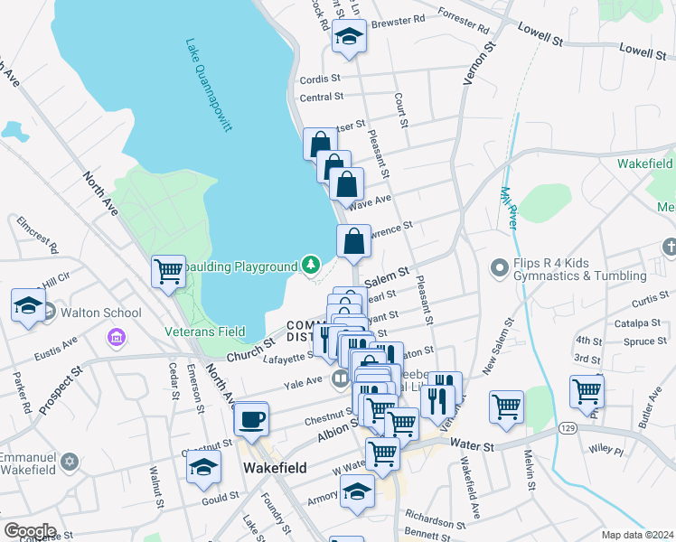 map of restaurants, bars, coffee shops, grocery stores, and more near 265 Main Street in Wakefield