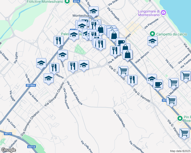 map of restaurants, bars, coffee shops, grocery stores, and more near 8 Via Manara in Montesilvano