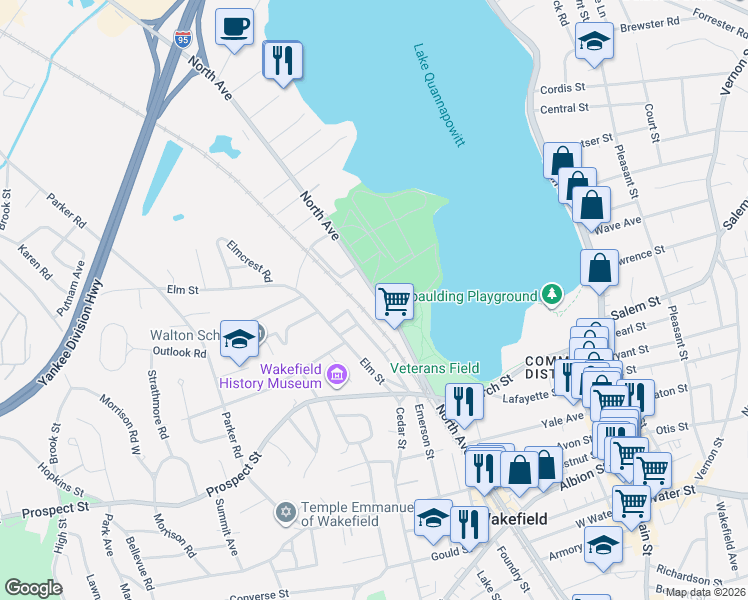 map of restaurants, bars, coffee shops, grocery stores, and more near 490 North Avenue in Wakefield
