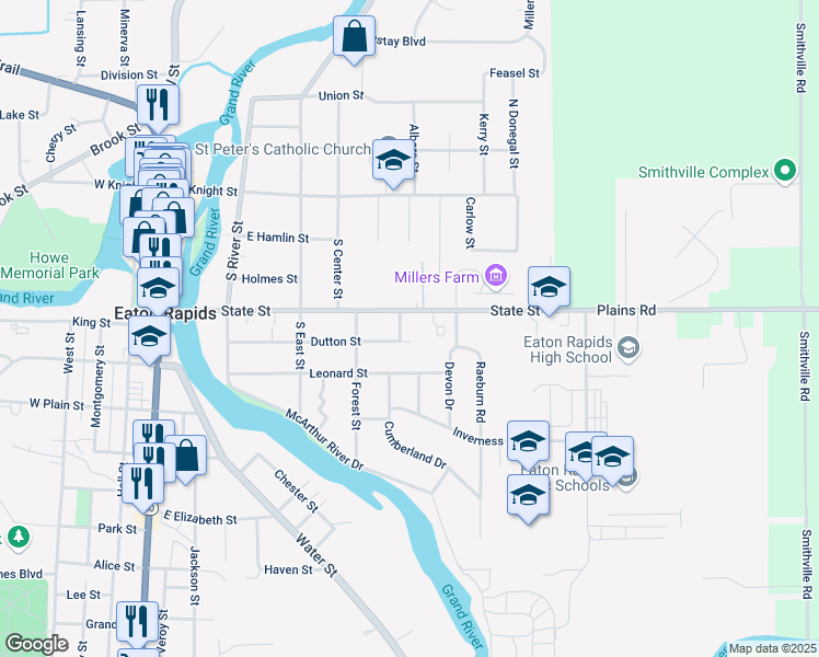 map of restaurants, bars, coffee shops, grocery stores, and more near 417 Gould Street in Eaton Rapids