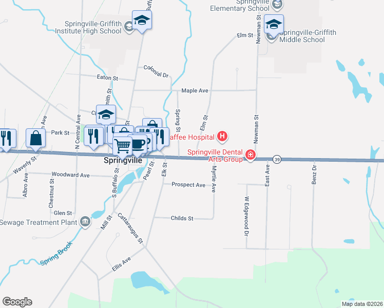 map of restaurants, bars, coffee shops, grocery stores, and more near 158 East Main Street in Springville