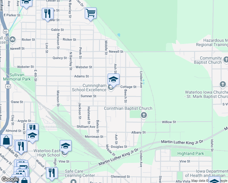 map of restaurants, bars, coffee shops, grocery stores, and more near 1224 Mobile Street in Waterloo