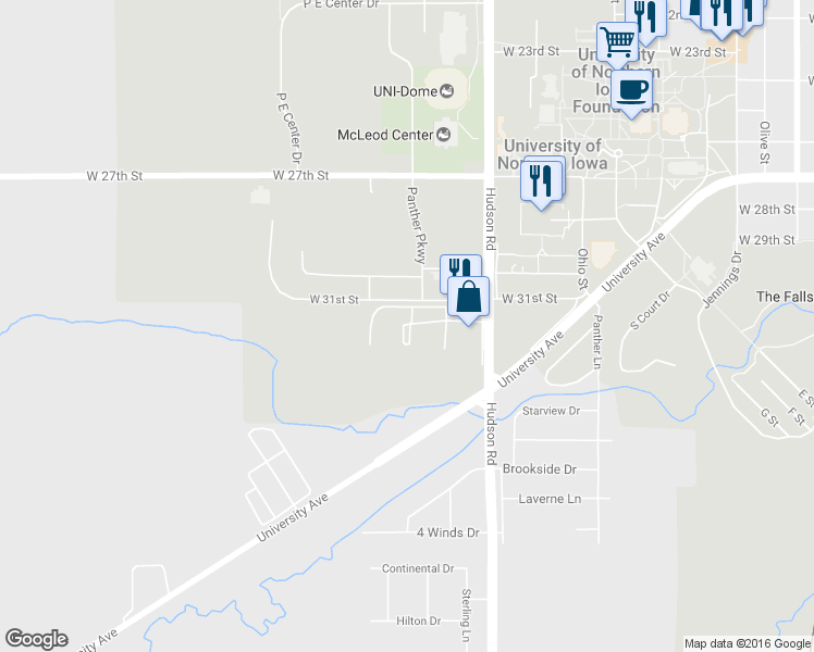 map of restaurants, bars, coffee shops, grocery stores, and more near 3119 Hudson Road in Cedar Falls