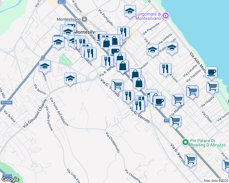 map of restaurants, bars, coffee shops, grocery stores, and more near Via Massimo D'Azeglio in Montesilvano