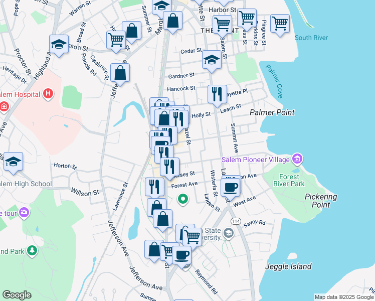 map of restaurants, bars, coffee shops, grocery stores, and more near 32 Hazel Street in Salem