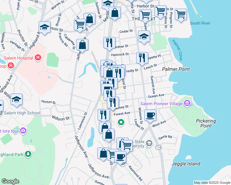 map of restaurants, bars, coffee shops, grocery stores, and more near 141 Canal Street in Salem