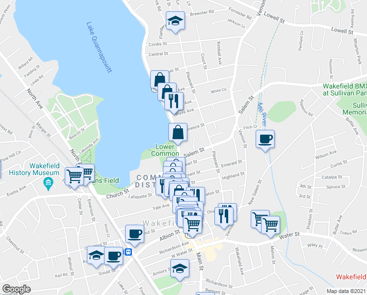 map of restaurants, bars, coffee shops, grocery stores, and more near 265 Main Street in Wakefield