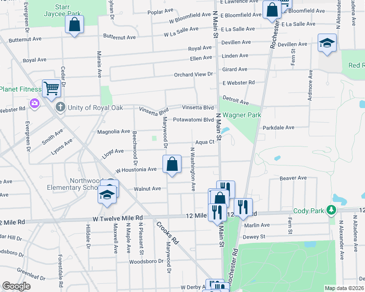 map of restaurants, bars, coffee shops, grocery stores, and more near 316 La Plaza Court in Royal Oak