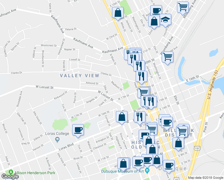 map of restaurants, bars, coffee shops, grocery stores, and more near 1836 Ellis Street in Dubuque