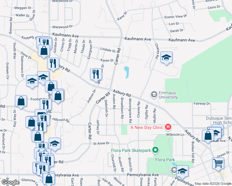 map of restaurants, bars, coffee shops, grocery stores, and more near 2191 Broadlawn Rd in Dubuque