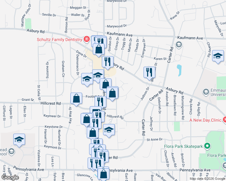 map of restaurants, bars, coffee shops, grocery stores, and more near 2264-2272 Pasadena Drive in Dubuque
