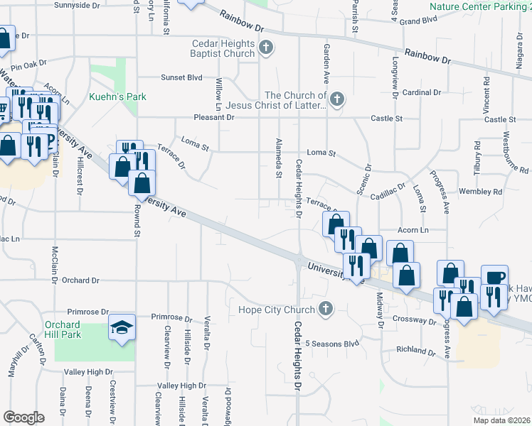 map of restaurants, bars, coffee shops, grocery stores, and more near 3216 Neola Street in Cedar Falls