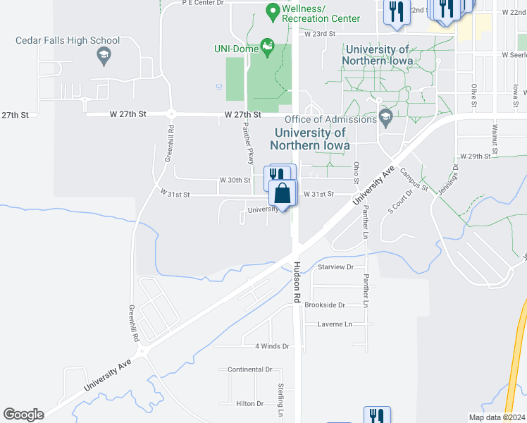 map of restaurants, bars, coffee shops, grocery stores, and more near 3210 Spring Valley Lane in Cedar Falls