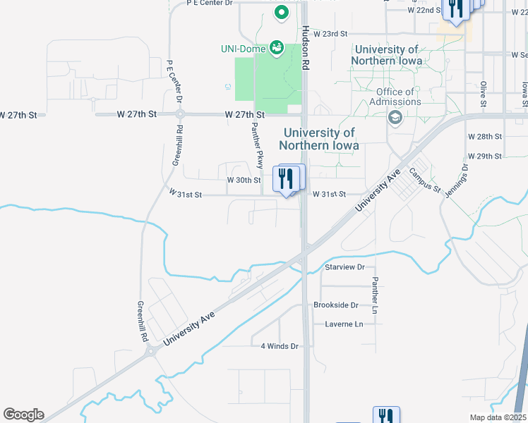 map of restaurants, bars, coffee shops, grocery stores, and more near 3210 Spring Valley Lane in Cedar Falls