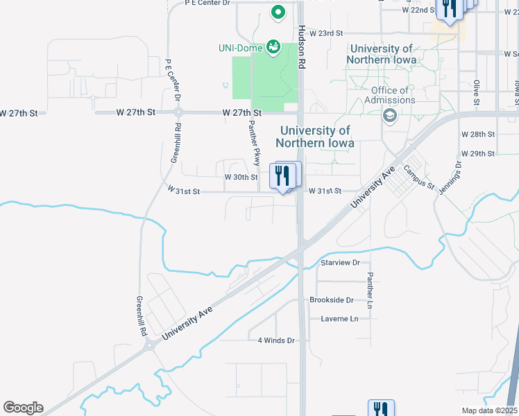 map of restaurants, bars, coffee shops, grocery stores, and more near 3210 Spring Valley Lane in Cedar Falls