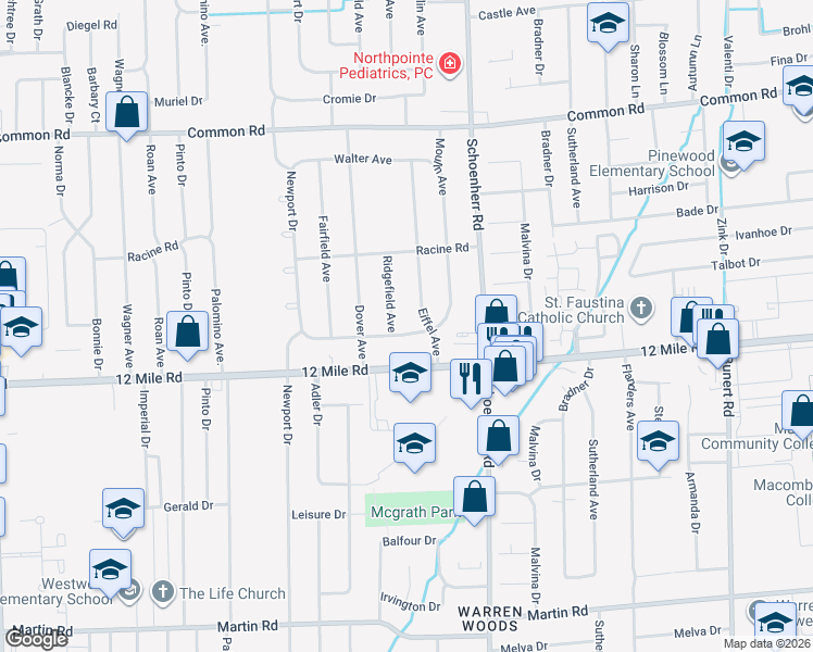 map of restaurants, bars, coffee shops, grocery stores, and more near 13228 Geoffry Drive in Warren