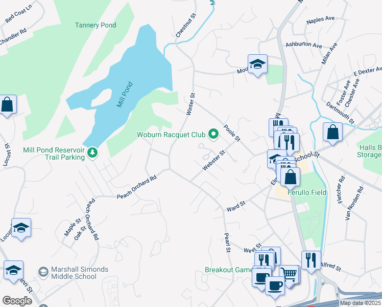 map of restaurants, bars, coffee shops, grocery stores, and more near 14 Drew Place in Woburn