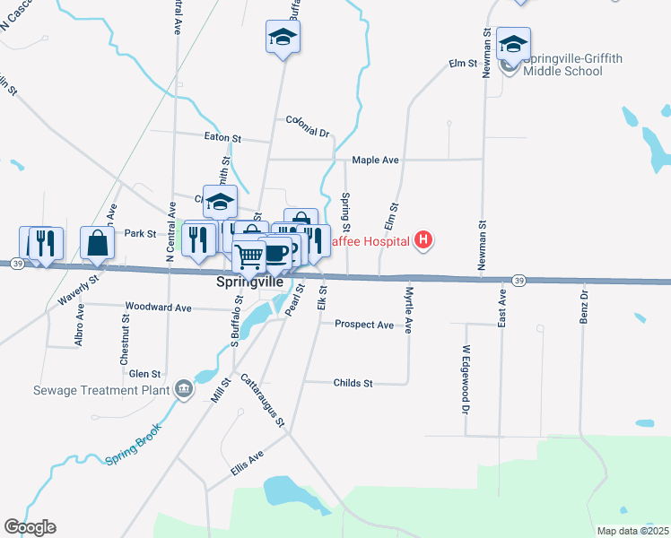 map of restaurants, bars, coffee shops, grocery stores, and more near 112 East Main Street in Springville