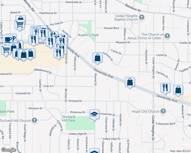 map of restaurants, bars, coffee shops, grocery stores, and more near 3201 Rownd Street in Cedar Falls