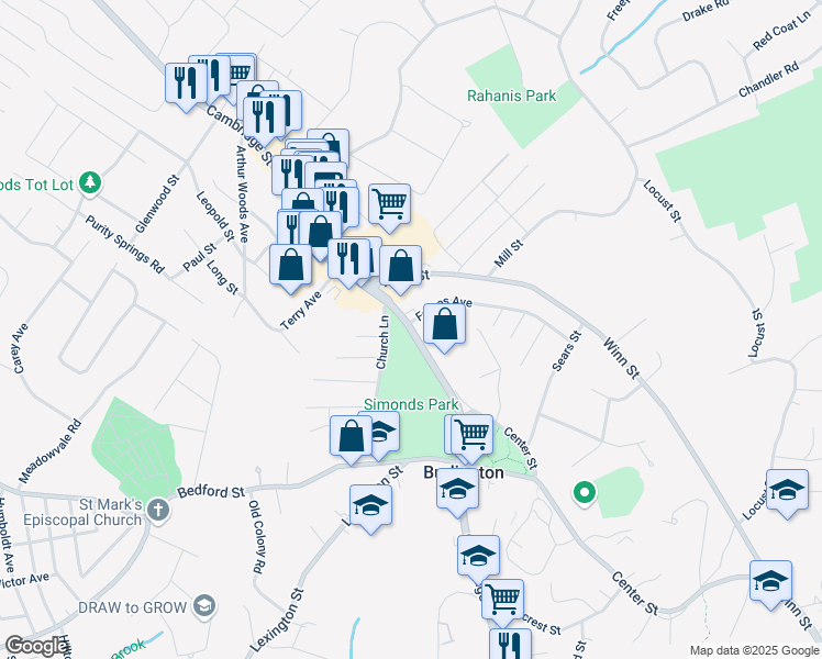 map of restaurants, bars, coffee shops, grocery stores, and more near 166 Cambridge Street in Burlington