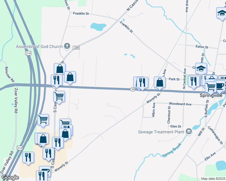 map of restaurants, bars, coffee shops, grocery stores, and more near 370 West Main Street in Springville