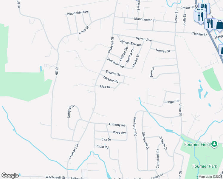 map of restaurants, bars, coffee shops, grocery stores, and more near 45 Bruce Street in Leominster