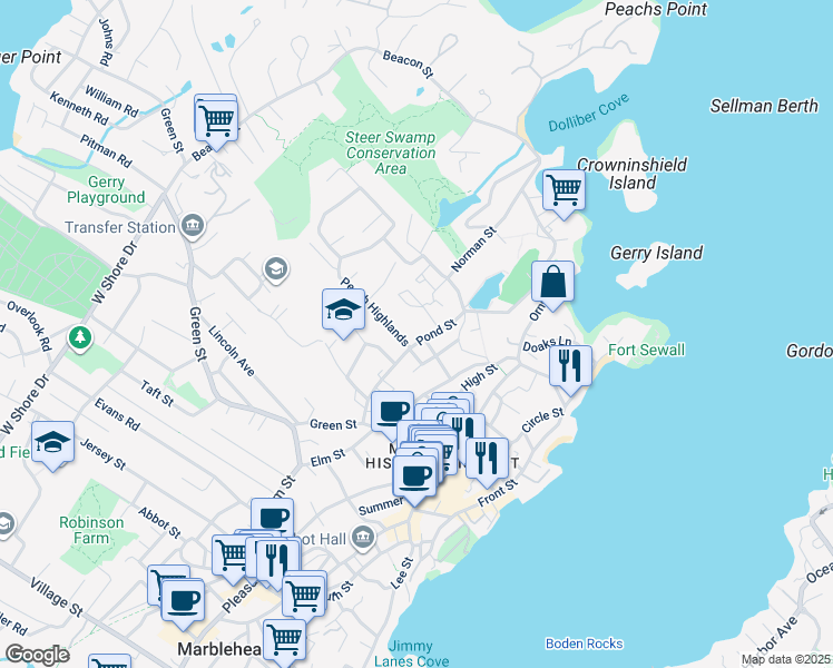 map of restaurants, bars, coffee shops, grocery stores, and more near 30 Pond Street in Marblehead