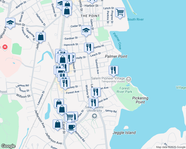 map of restaurants, bars, coffee shops, grocery stores, and more near 284 Lafayette Street in Salem