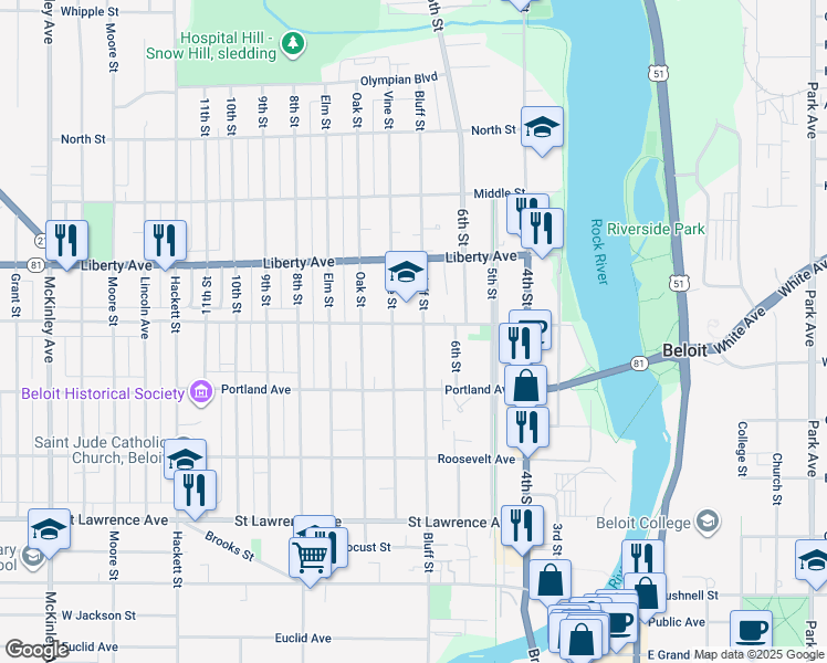 map of restaurants, bars, coffee shops, grocery stores, and more near 941 Vine Street in Beloit