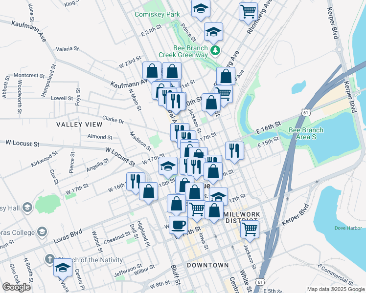 map of restaurants, bars, coffee shops, grocery stores, and more near 1685 Central Avenue in Dubuque