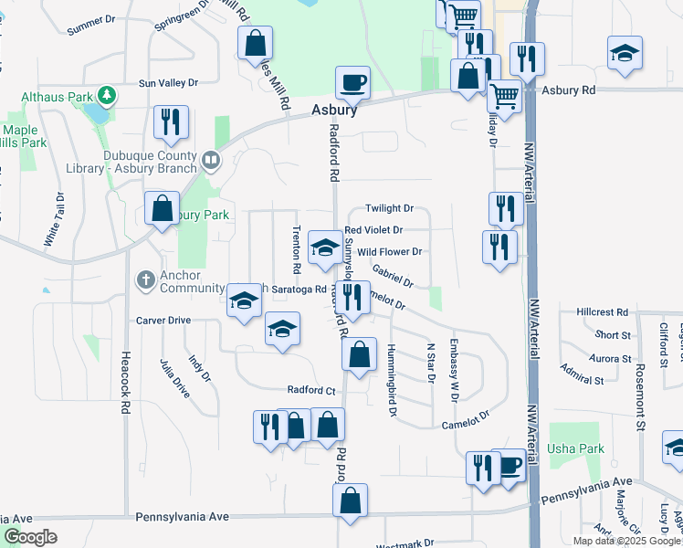 map of restaurants, bars, coffee shops, grocery stores, and more near 2100-2198 Radford Rd in Asbury
