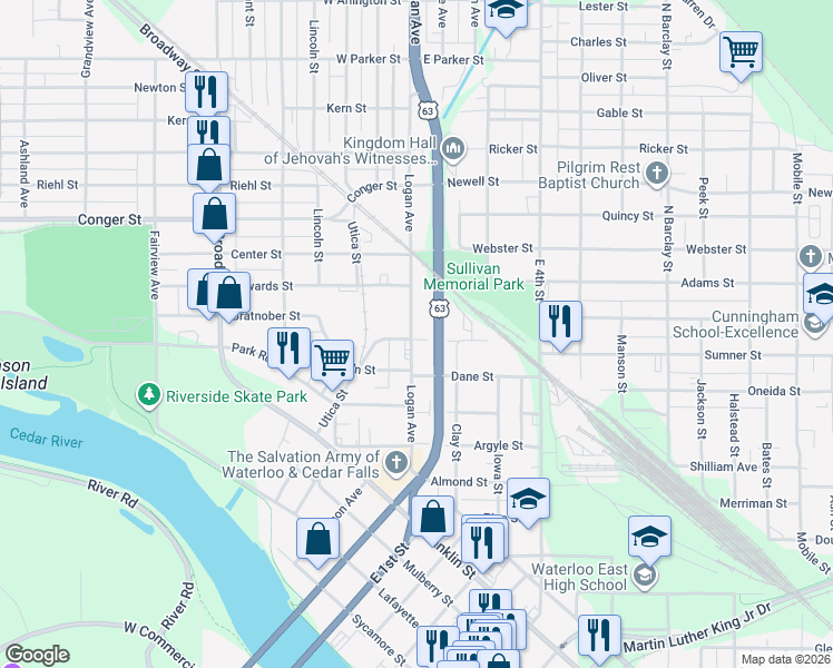 map of restaurants, bars, coffee shops, grocery stores, and more near 522 Logan Avenue in Waterloo