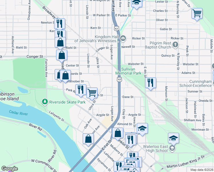 map of restaurants, bars, coffee shops, grocery stores, and more near 125 Chestnut Street in Waterloo