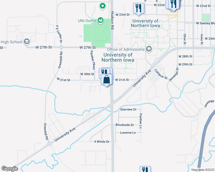 map of restaurants, bars, coffee shops, grocery stores, and more near 3205 Hudson Road in Cedar Falls