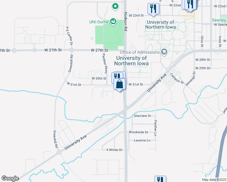 map of restaurants, bars, coffee shops, grocery stores, and more near 3100 Spring Valley Lane in Cedar Falls
