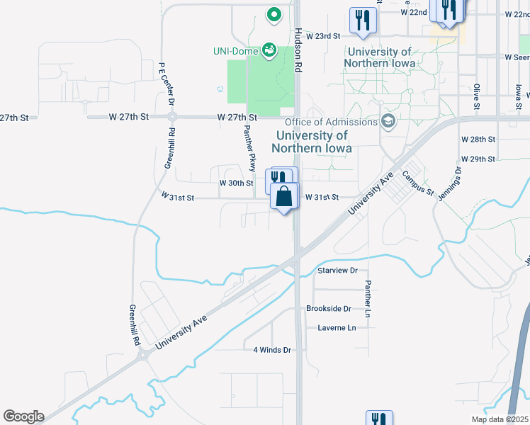 map of restaurants, bars, coffee shops, grocery stores, and more near 3210 Spring Valley Lane in Cedar Falls