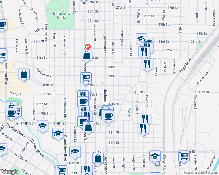 map of restaurants, bars, coffee shops, grocery stores, and more near 1704 Jackson Street in Sioux City
