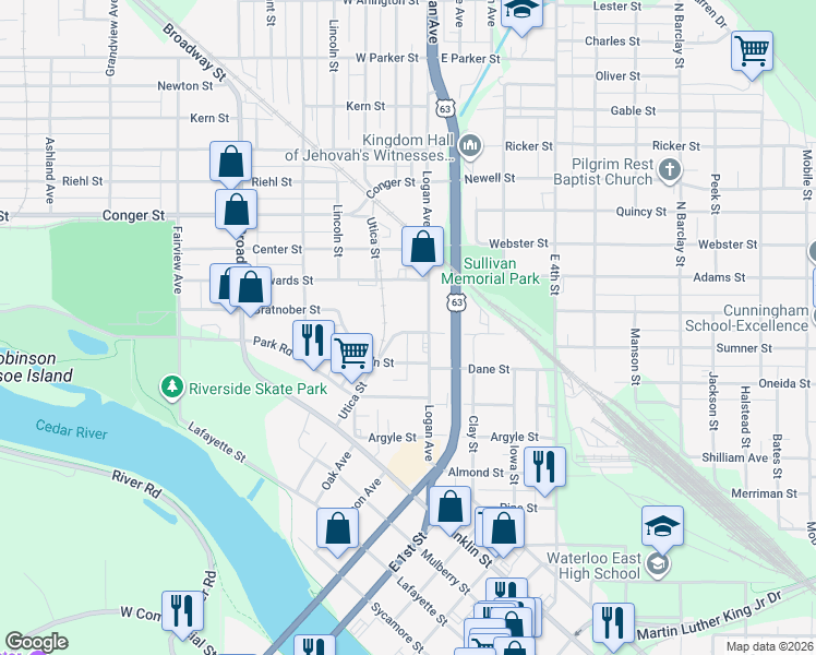 map of restaurants, bars, coffee shops, grocery stores, and more near 125 Chestnut Street in Waterloo