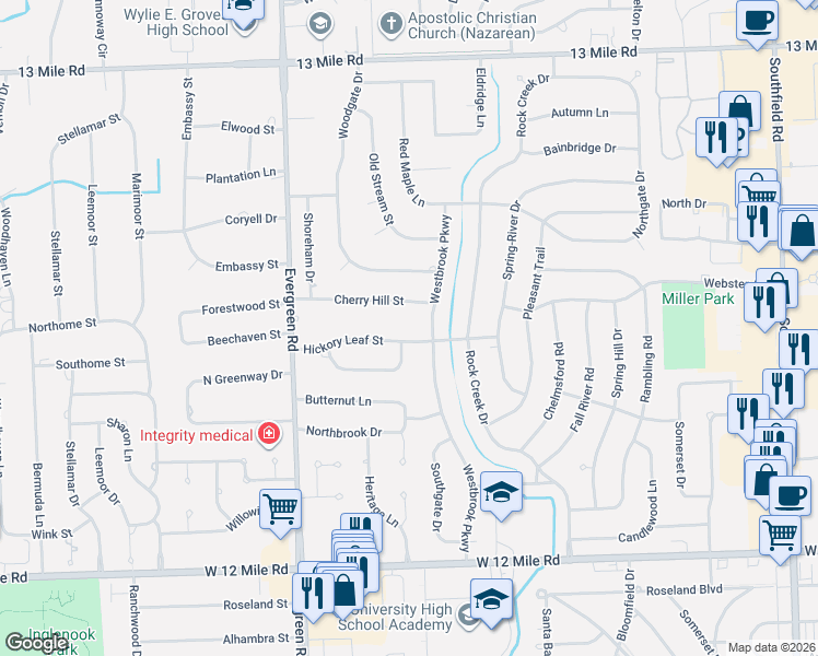 map of restaurants, bars, coffee shops, grocery stores, and more near 19510 Hickory Leaf Street in Southfield