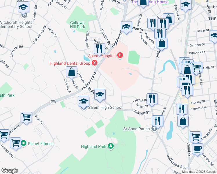 map of restaurants, bars, coffee shops, grocery stores, and more near 5 Emerald Avenue in Salem