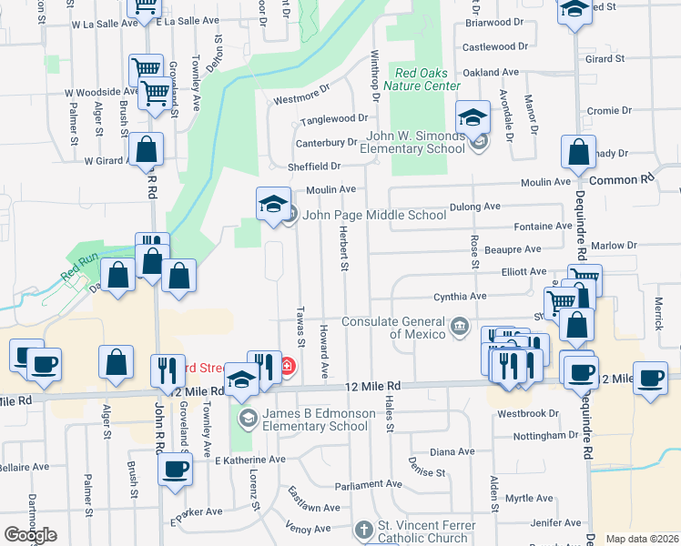 map of restaurants, bars, coffee shops, grocery stores, and more near 29371 Herbert Street in Madison Heights