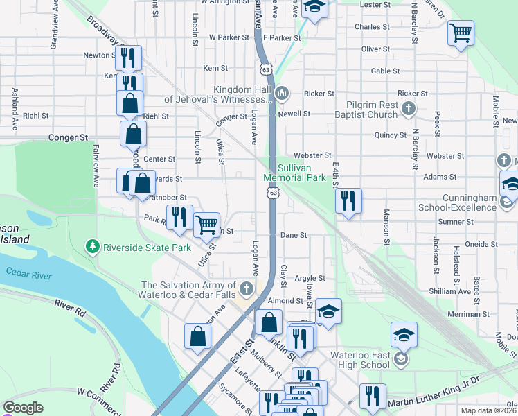 map of restaurants, bars, coffee shops, grocery stores, and more near 522 Logan Avenue in Waterloo