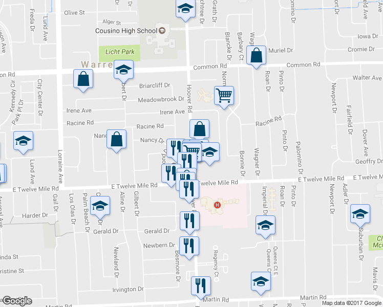 map of restaurants, bars, coffee shops, grocery stores, and more near 29346 Hoover Road in Warren