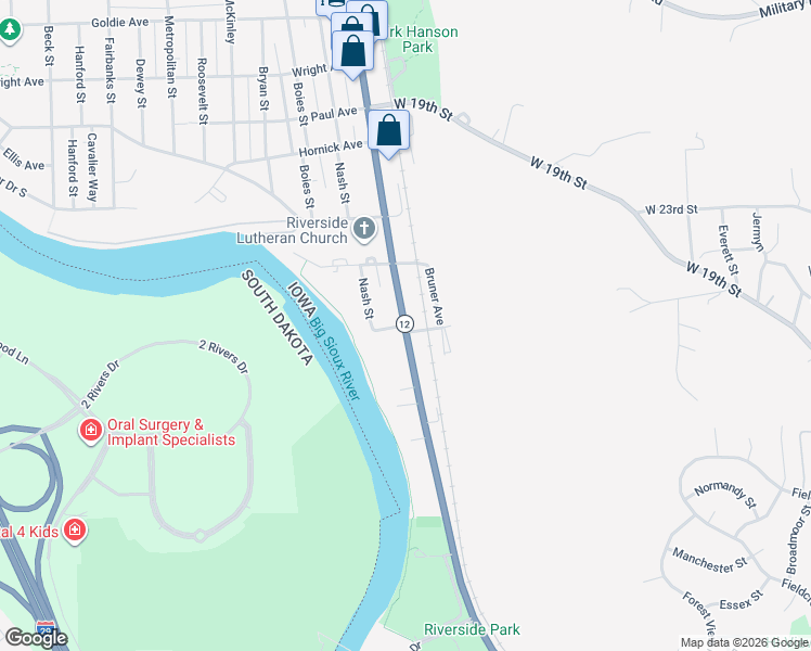 map of restaurants, bars, coffee shops, grocery stores, and more near 1698 Riverside Boulevard in Sioux City