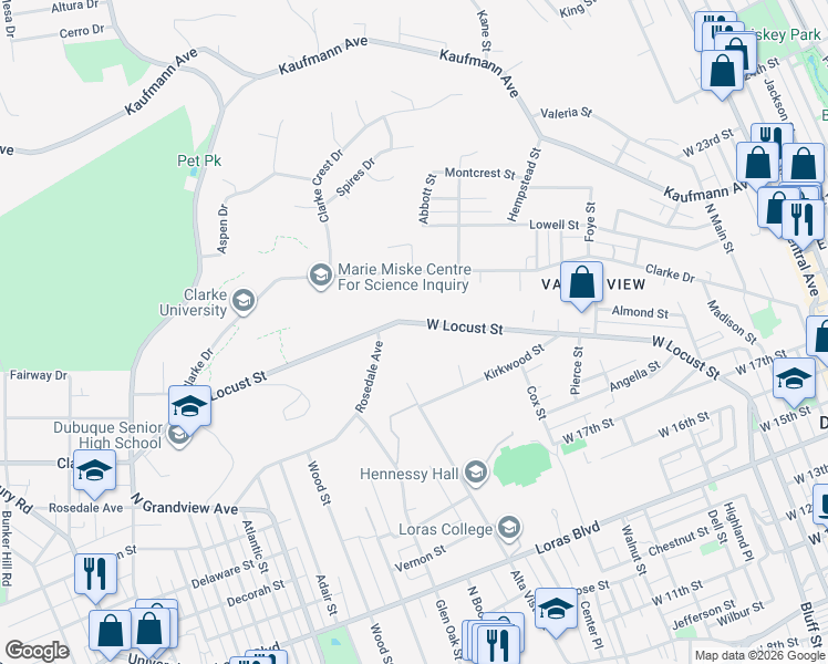 map of restaurants, bars, coffee shops, grocery stores, and more near 960 West Locust Street in Dubuque
