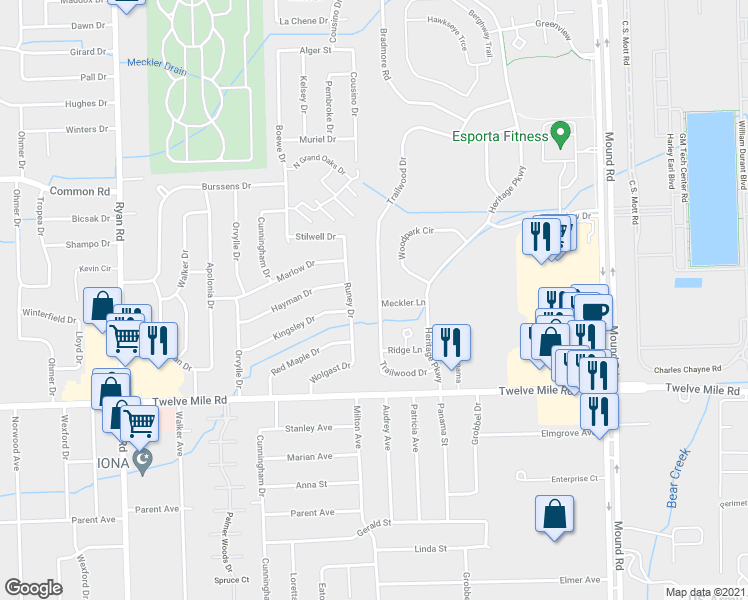 map of restaurants, bars, coffee shops, grocery stores, and more near 29069 Trailwood Drive in Warren